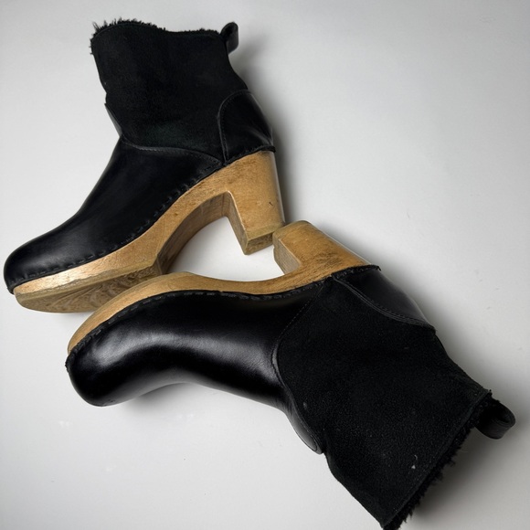 No. 6 Pull-on Shearling Wood Clog Boots on Mid Heel Black Suede Women's 39 8.5 - Picture 7 of 11